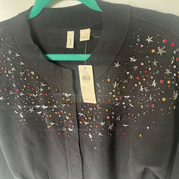 Anthropologie Beaded Stars Cardigan Sweater Womens Small Black Crop Snap Front - Picture 5 of 8
